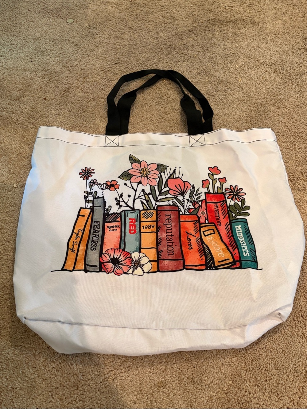 Taylor Swift Album Titles in Books White Canvas Tote Bag with Floral Book Print